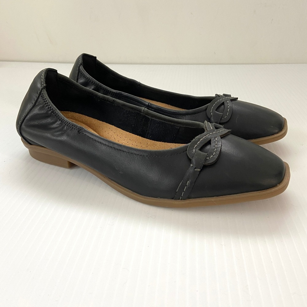 Clarks Lyrical Rhyme Black Leather Square Toe Ballet Flats Womens 6.5M